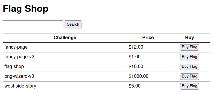 Screenshot showing the Flag Shop homepage with search bar and table