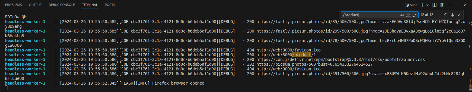 Example of logs indicating that the bot visited the page related to the reported product