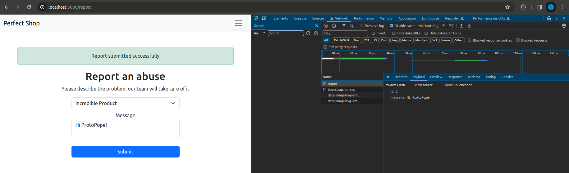 Inspection of a POST request to the reporting endpoint